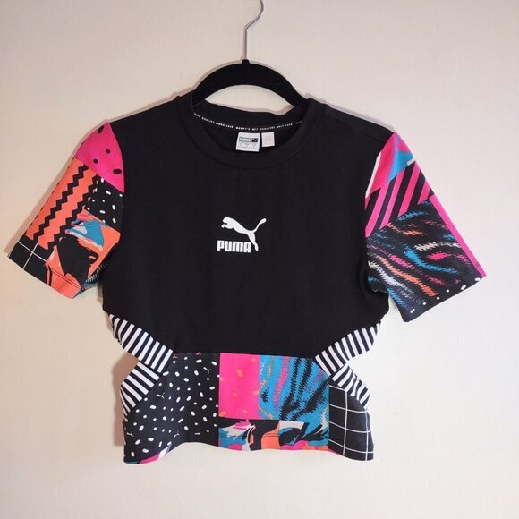 Retro Cropped PUMA Cut Out Top Colorful Athletic Patchwork Y2K  Women Small - Picture 2 of 8